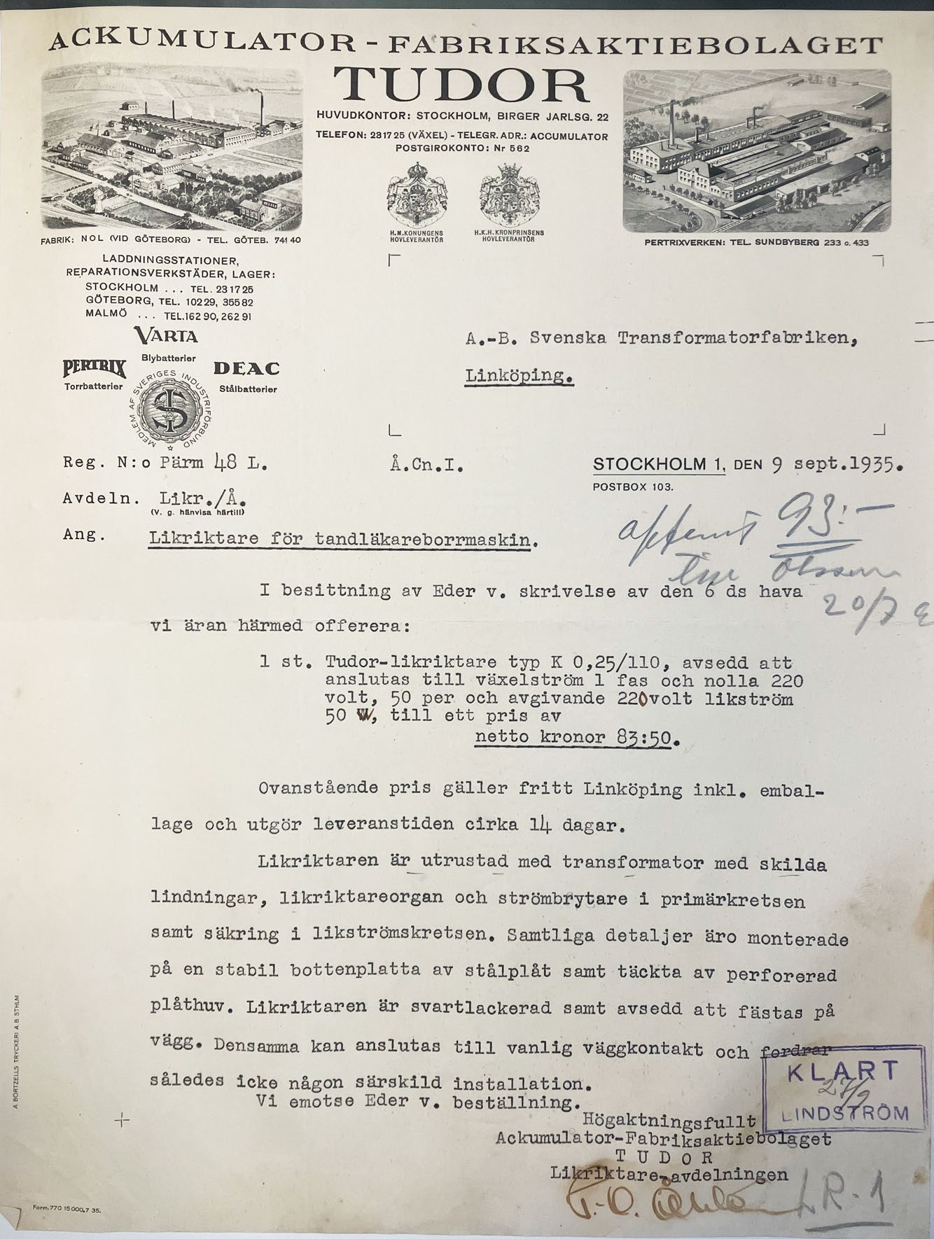 Original business letter from 1935 offering a rectifier for a dentist's drill