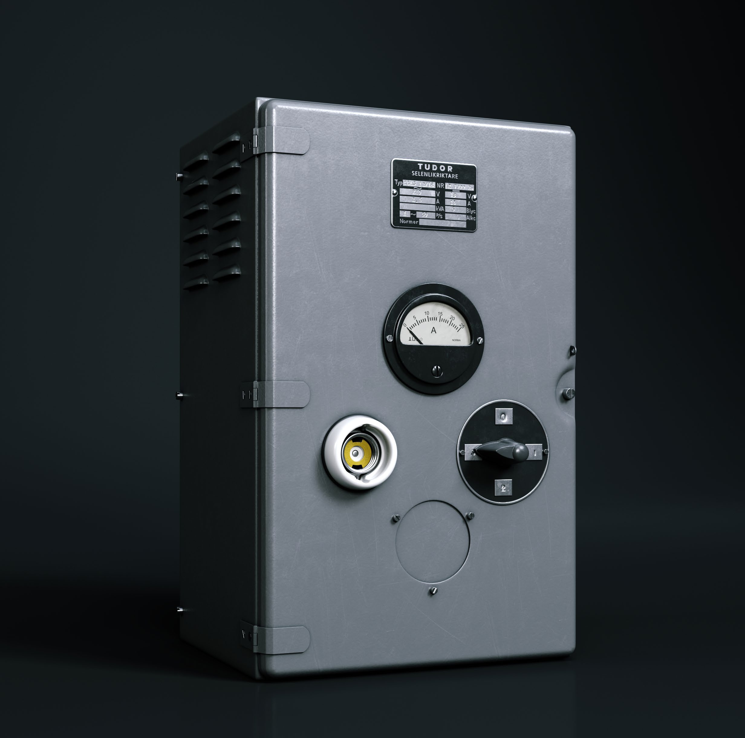 Vintage industrial device labeled TUDOR SELENLIKRIKTARE with ammeter and rotary switch