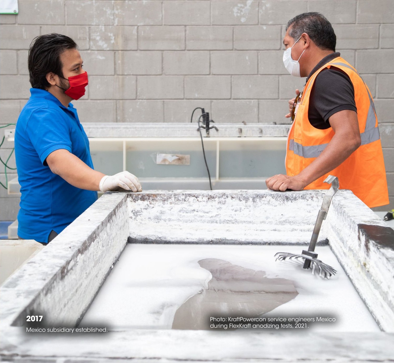 KraftPowercon service engineers in Mexico during FlexKraft anodising tests, 2021