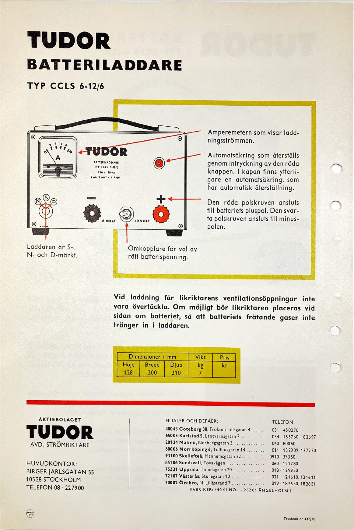 TUDOR Batteriladdare CCLS 6-12/6 brochure cover, 1960s