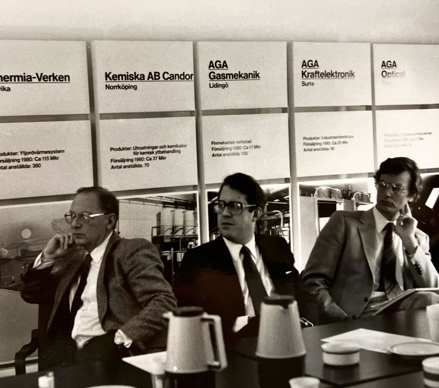 AGA boardroom view — panels showing Kemiska AB Candor, AGA Gasmekanik, AGA Kraftelektronik (Surte), AGA Optical