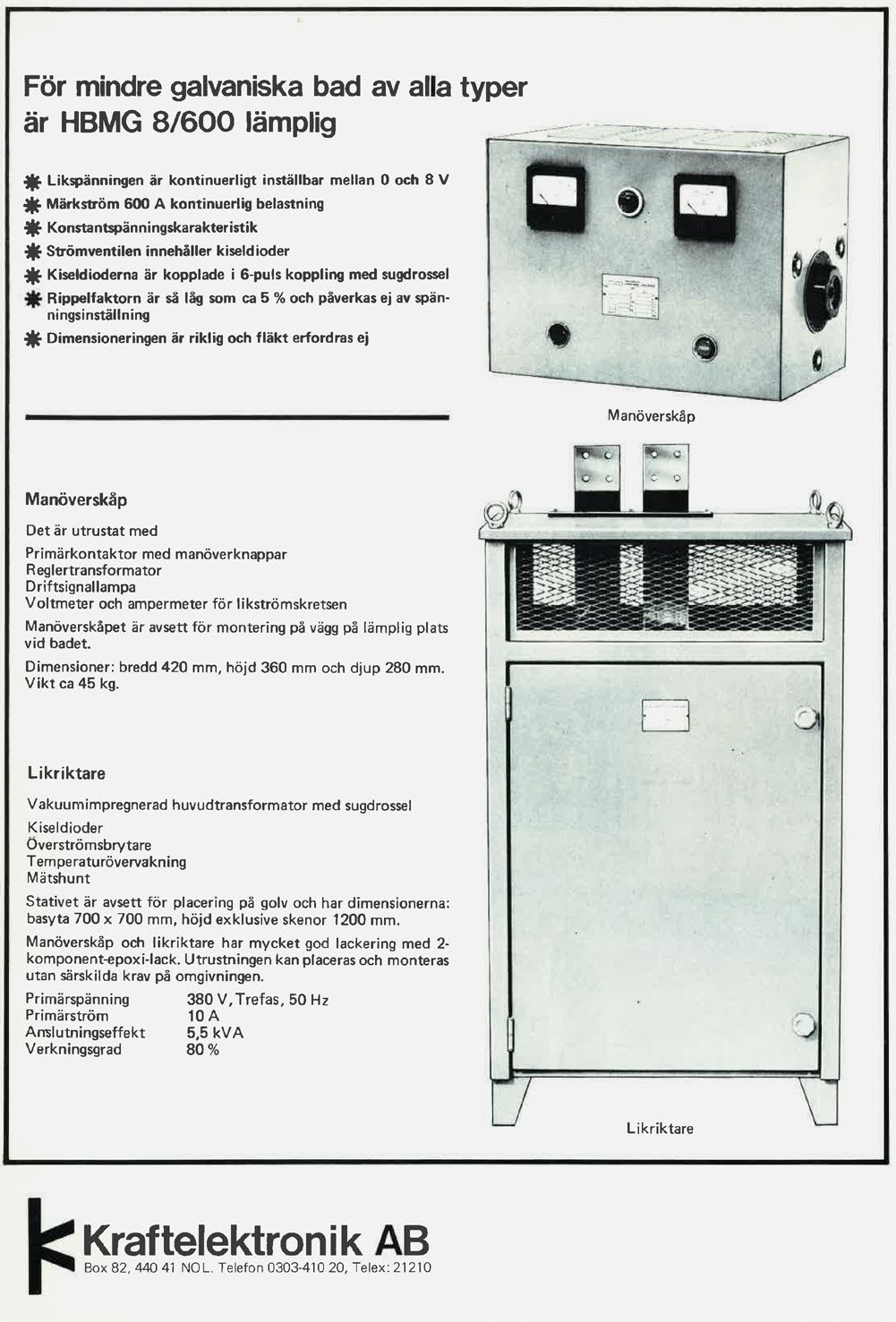 KAB strömriktare HBMG 8/600 brochure — manöverskåp and likriktare illustrations